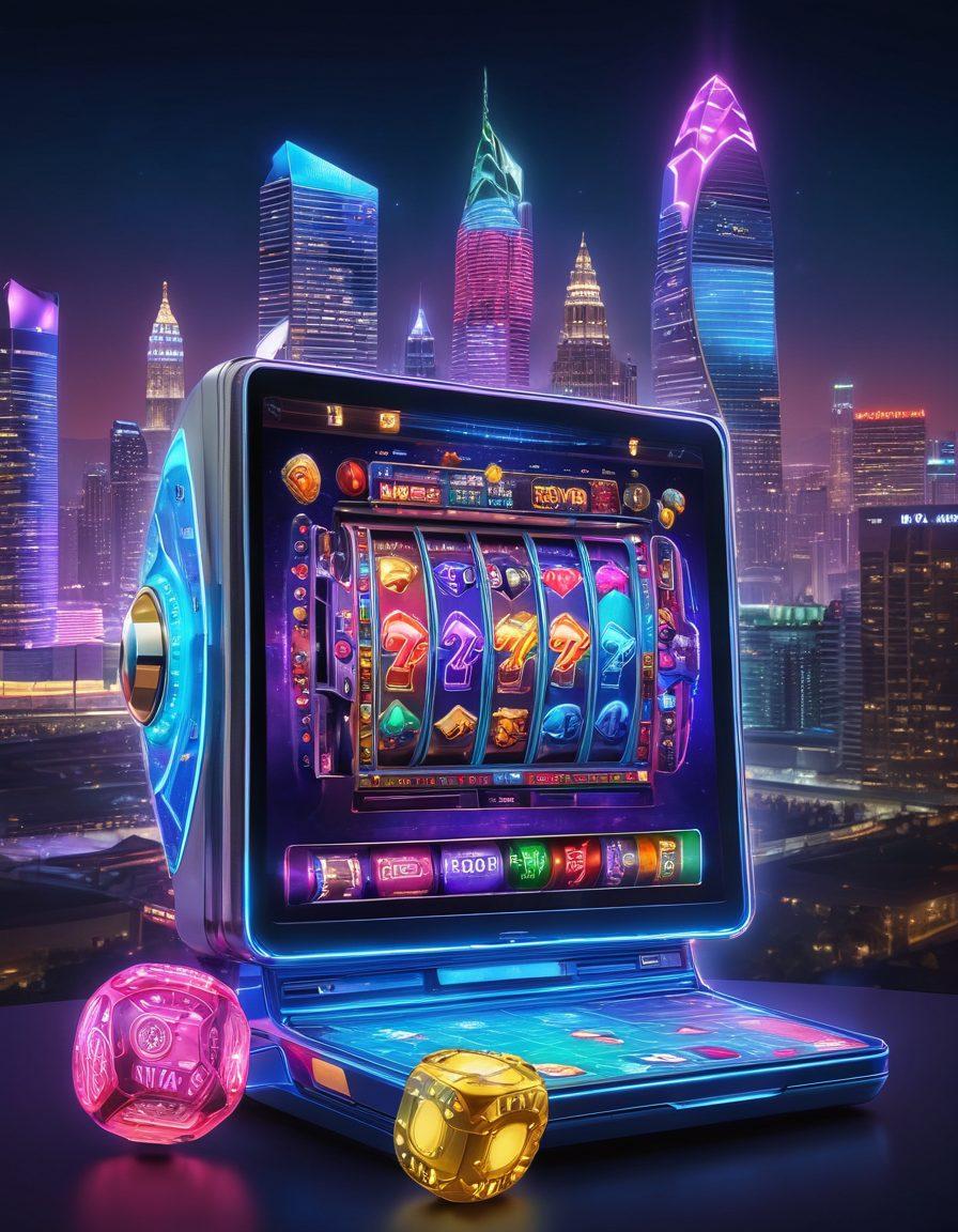 A vibrant collage showcasing a slot machine with colorful symbols, footballs, and betting slips intertwined, illuminating the screen. In the background, a city skyline at night glows with digital casino lights, representing online gambling. Include a stack of chips and a glowing smartphone displaying various betting options. The scene should evoke excitement and thrill. cyberpunk. vibrant colors. 3D.