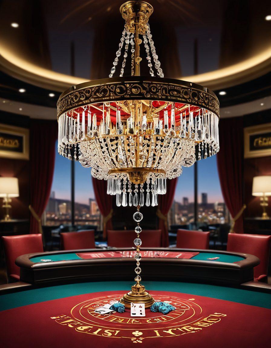 An opulent high-stakes casino scene featuring elegantly dressed individuals at a poker table, showcasing excitement and tension. Glimmering gold and rich red decor accentuate the atmosphere, while scattered chips and cards reflect potential fortunes. A sparkling chandelier drips above, casting dramatic shadows. Include a confident player with a winning hand, capturing the essence of strategy and thrill. super-realistic. vibrant colors. 3D.